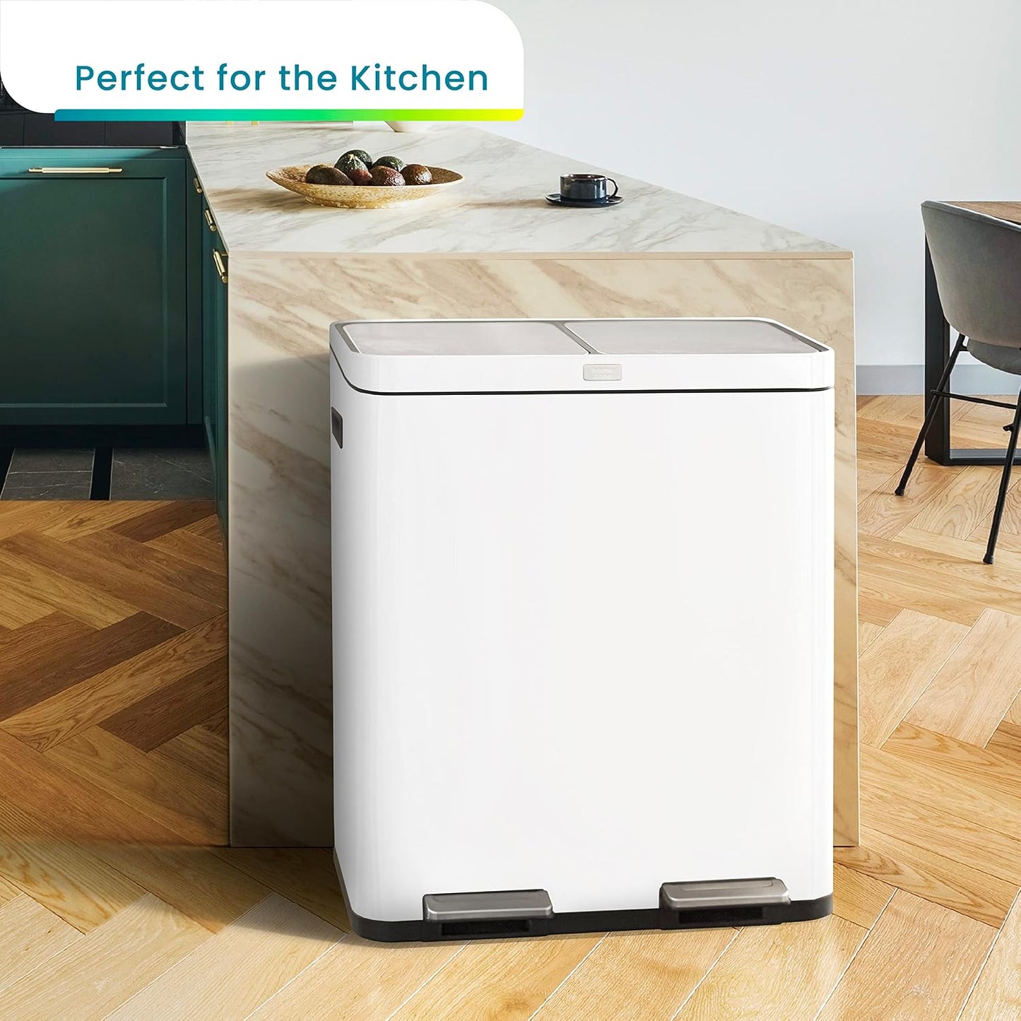 Home Zone Living 16 Gallon Kitchen Trash Can with Dual Compartments for Recycling, CleanAura Odor Control, Stainless Steel, Matte White, 60 Liters Total
