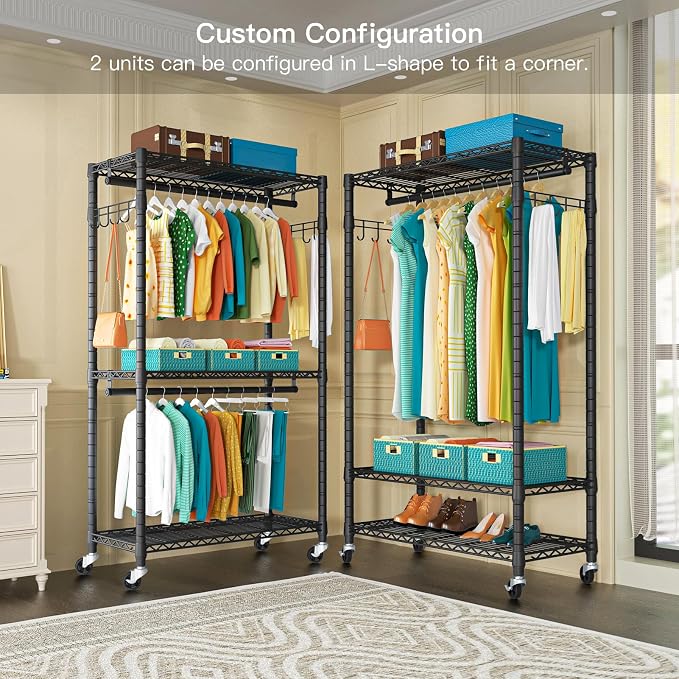 FUTASSI P1 Heavy Duty Garment Rack, 3 Tiers Adjustable Rolling Metal Closet