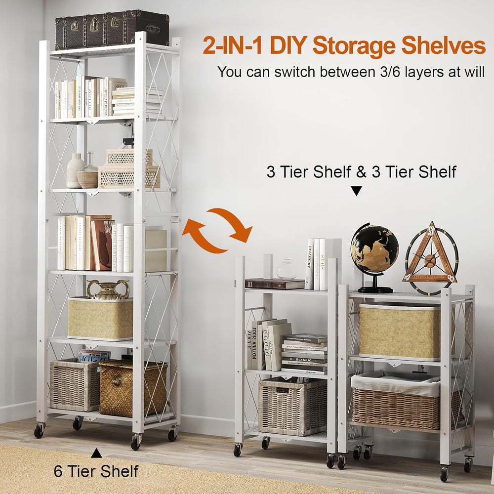 6-Tier Foldable Storage Shelves with Wheels, Folding Metal Shelf Unit