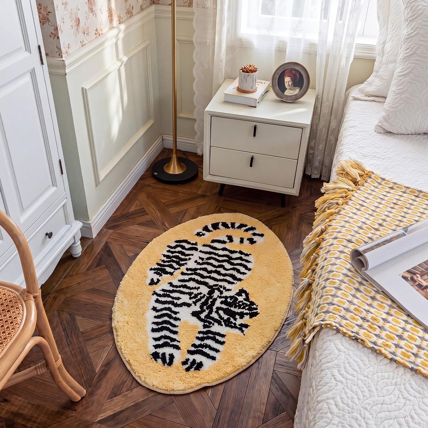 Tinideya 31 x 20 Inch Oval Tiger Bath Rug Yellow Tiger Floor Mat Soft Plush Absorbent Non Slip Bathroom Door Mat for Bathroom Shower Bedroom Living Room Animal Print Home Decoration