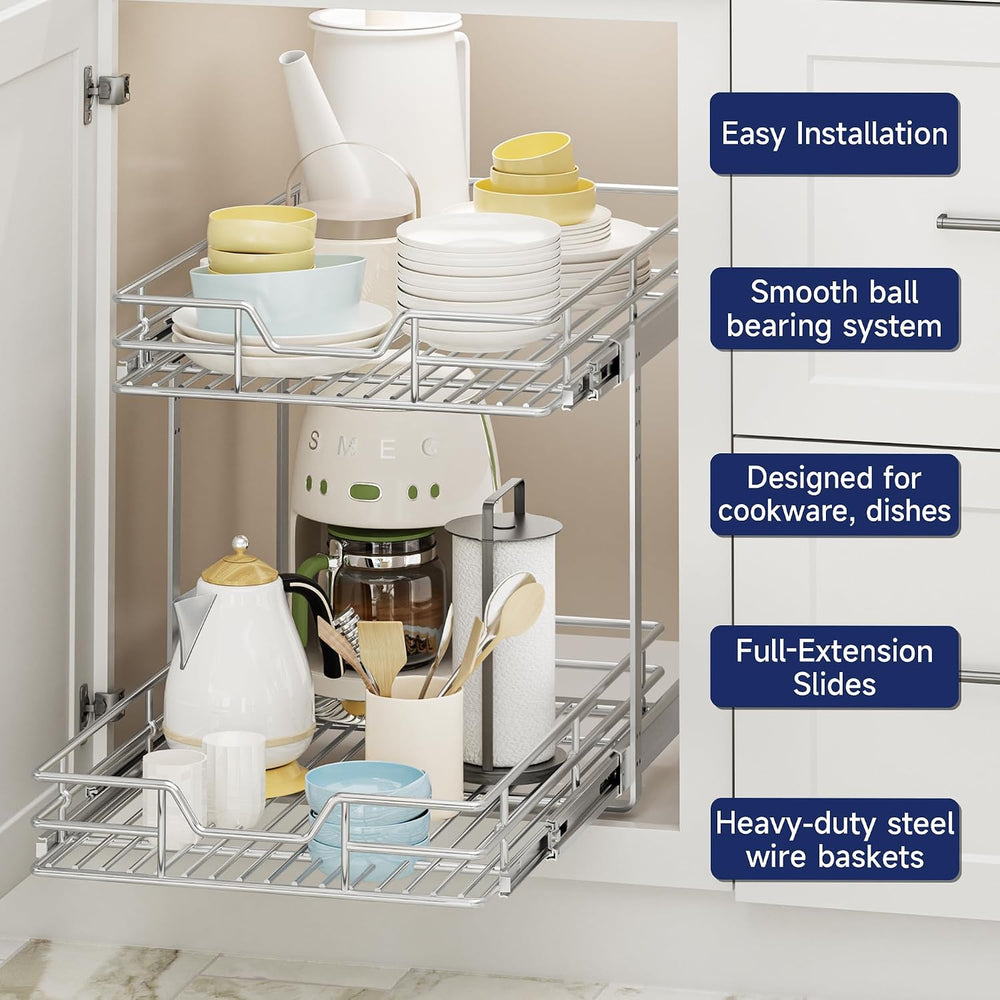 2-Tier Pull Out Cabinet Organizer, 13.5" W x 21.5" D, Heavy Duty Du...