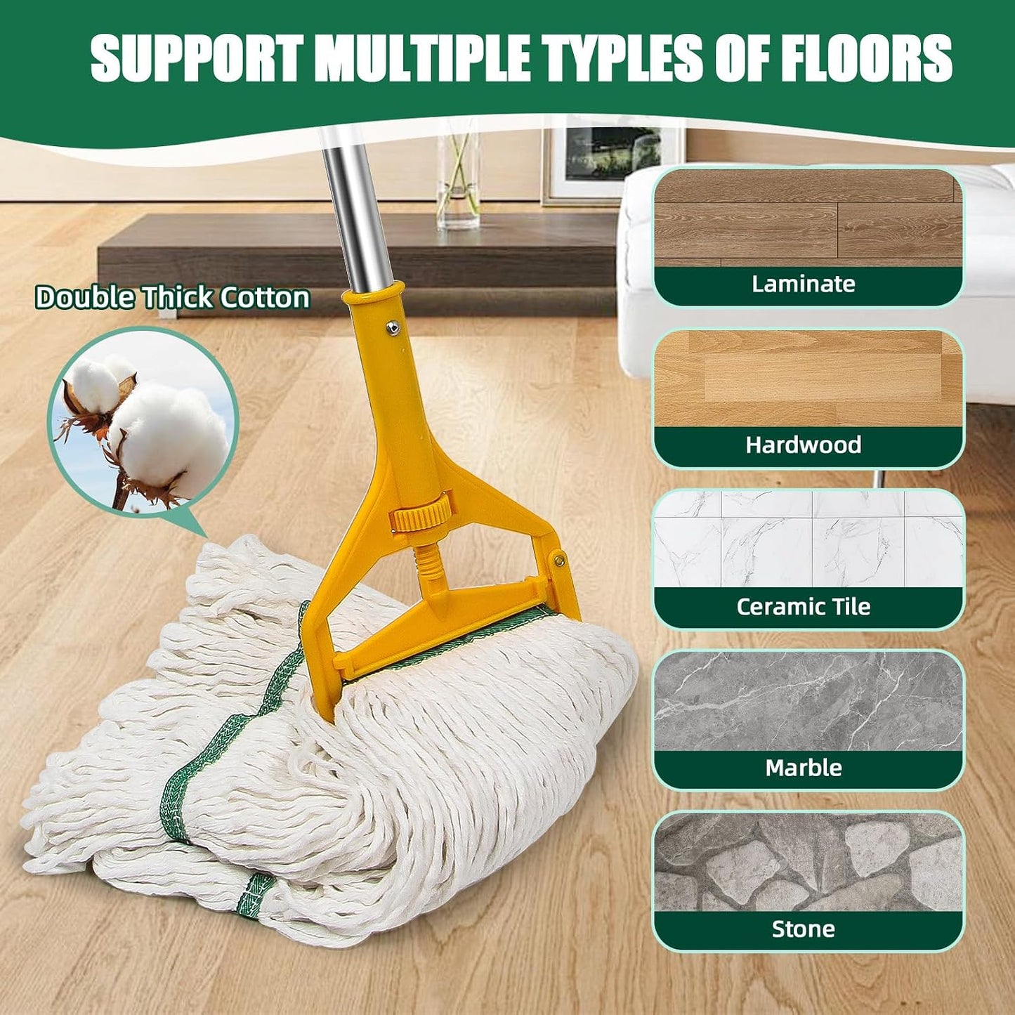 3 Pack Heavy Duty Commercial Industrial Mop Replacement Heads with 48'' Long Handle, 20oz Looped-End String Wet Cotton Mops Refills for Home,Garage,Office and Kitchen