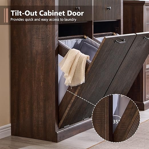 Modern Double Tilt-Out Trash Cabinet, 20 Gallon Fluted Laundry Hamper Cabinet - Image 6