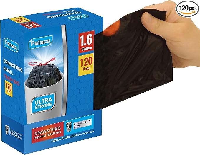 Feisco 1.6 Gallon Black Trash Bag, 6L Drawstring Garbage Bag Trash Can Liner by Feisco
