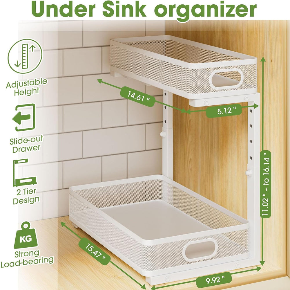 Under Sink Organizer 2-Pack, Metal 2-Tier Pull-Out Cabinet Shelf with Slide-O...