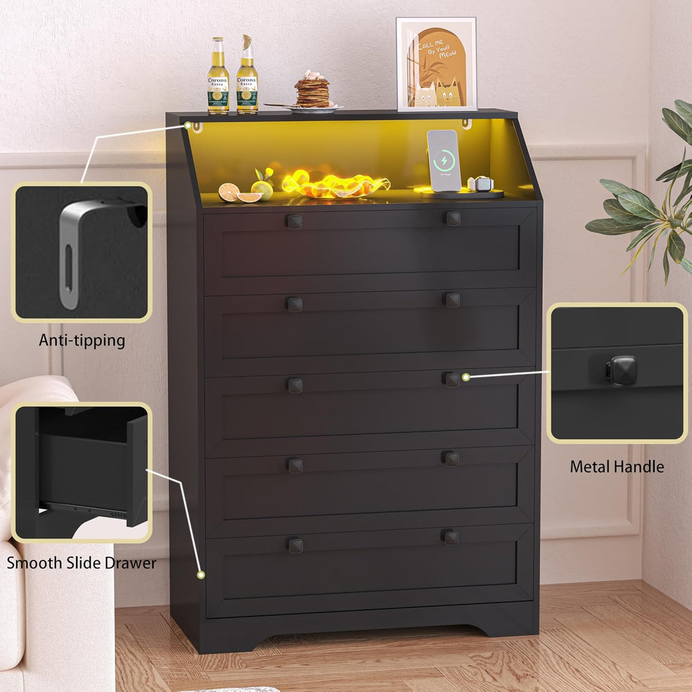 Black Dresser Tall 5 Drawer Dresser for Bedroom, Wood Chest of Drawers with L...