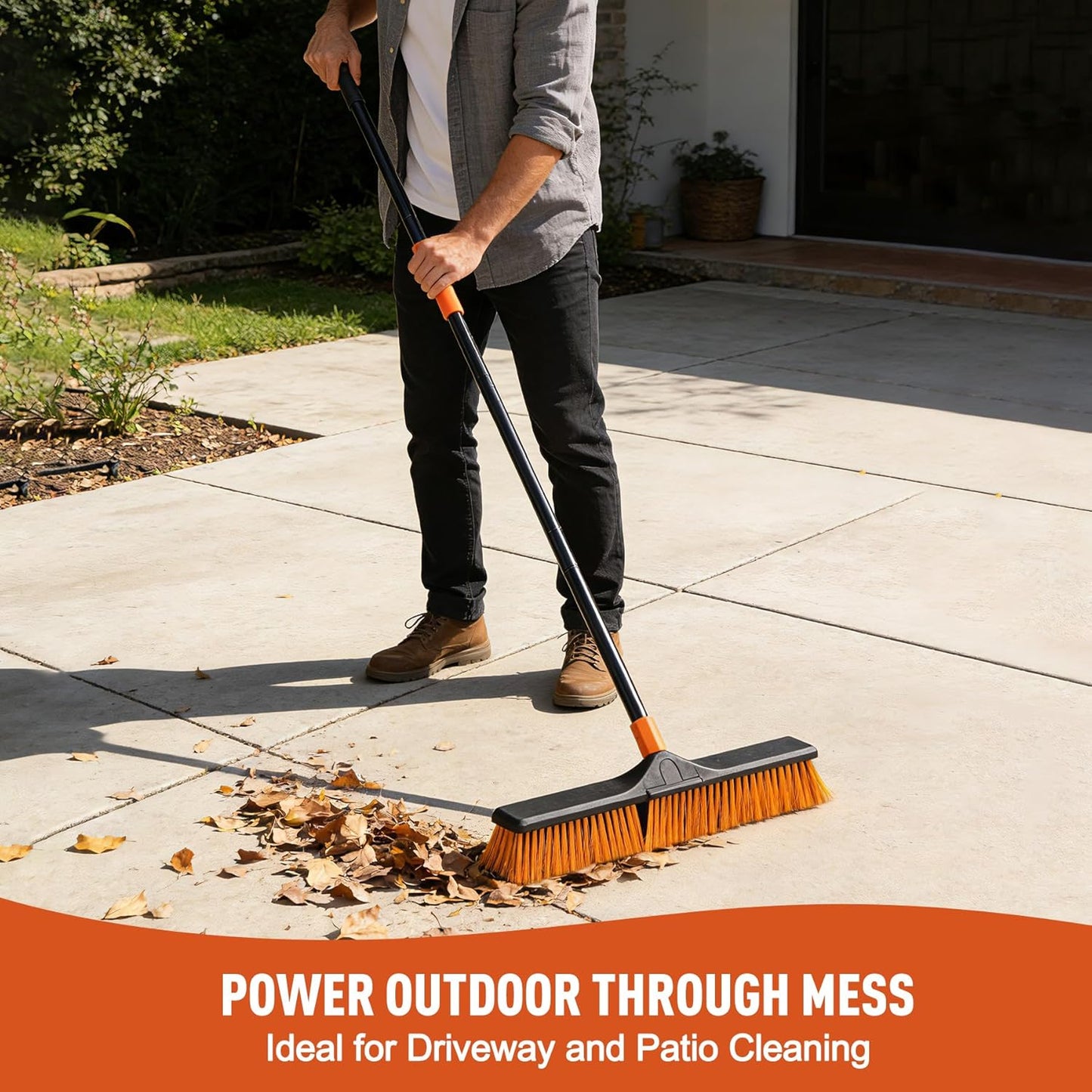 CLEANHOME 24”Push Broom Brush for Floor Cleaning with 65” Long Handle and Stiff Bristles, Heavy Duty Brush for Shop, Deck, Garage, Concrete,Indoor and Outdoor Broom,Orange