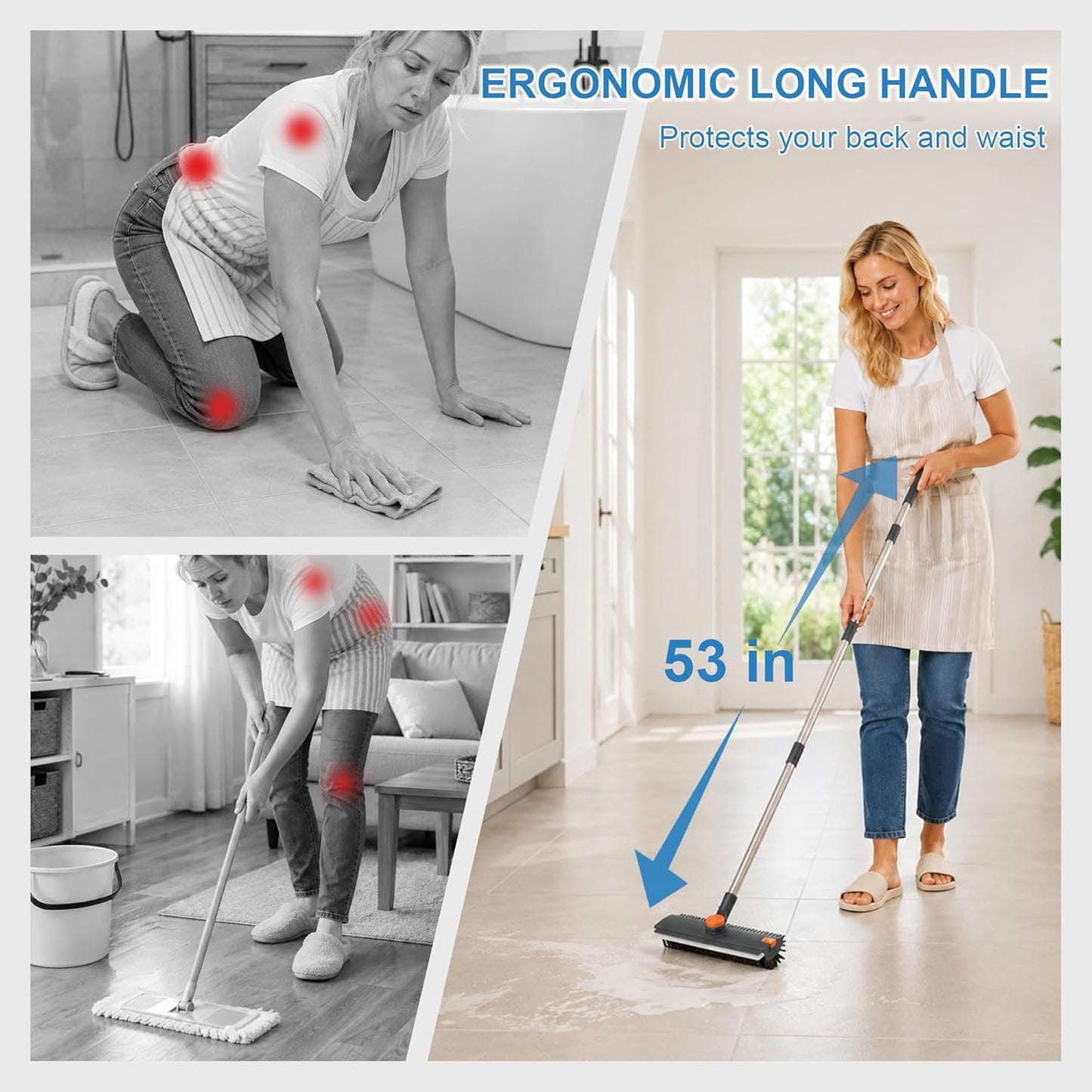 Floor Scrub Brush with Long Handle, 3 in 1 Floor Scrubber, Heavy Duty Stiff Bristle Squeegee Broom for Cleaning Shower Bathroom, Tile, Patio, Pool, Garage, Kitchen and Deck, Grey