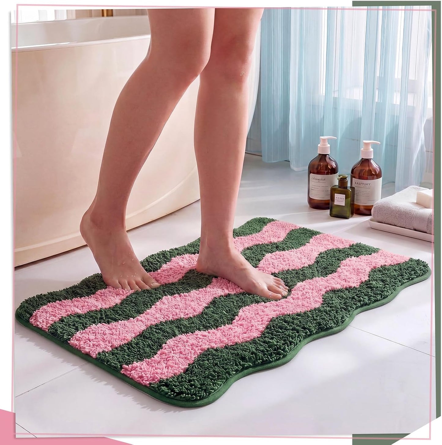 Nuanchu Cute Scalloped Bathroom Rug, Plush Tufted Absorbent Soft Wave Striped Bath Mat 24"x16", Non-Slip Washable Floor Carpet for Bathroom Bedroom Kitchen(Pink & Sage Green)