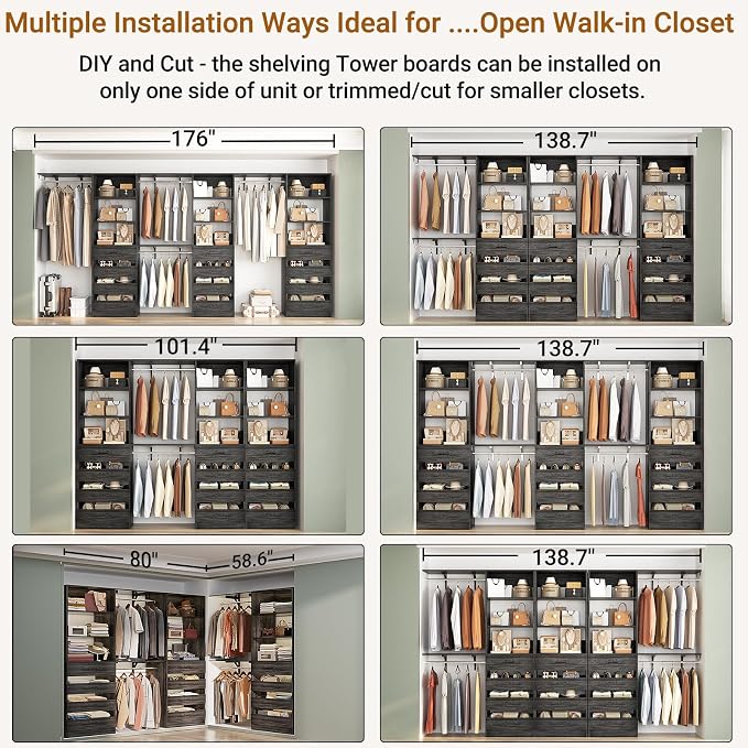 Aheaplus Closet System Set of 3, 138.5" Wood Closet Organizer System Tower - Image 4