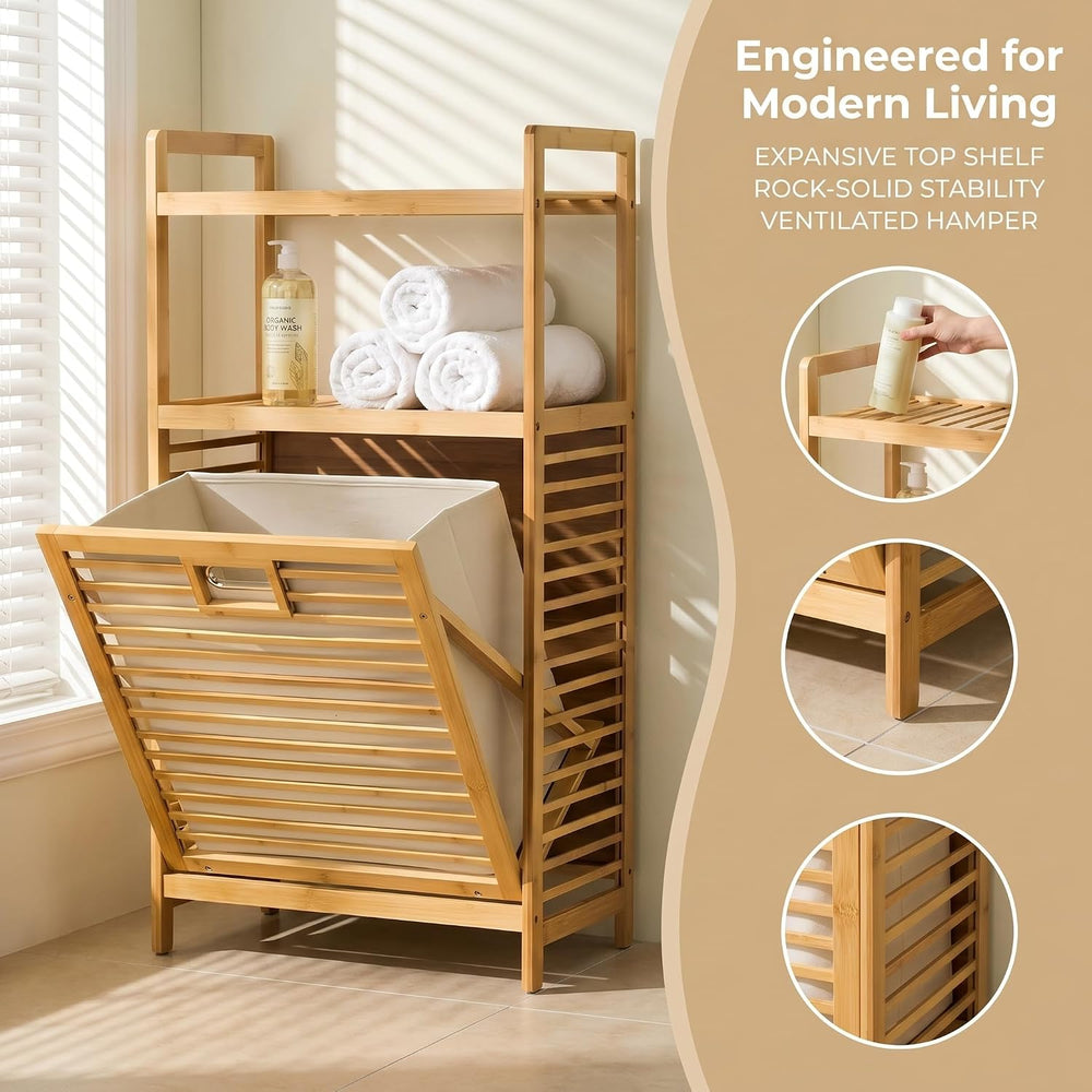 Bamboo Tilt Out Laundry Hamper with 2-Tier Storage Shelves