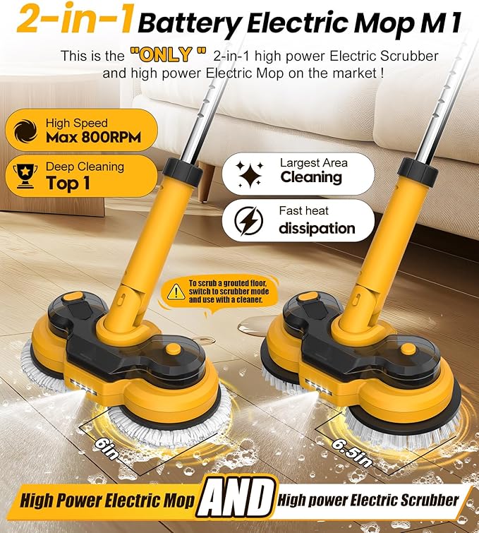 qimedo 6000mAh Battery Electric Mop M1, 800RPM Cordless Electric Power Scrubber - Image 2
