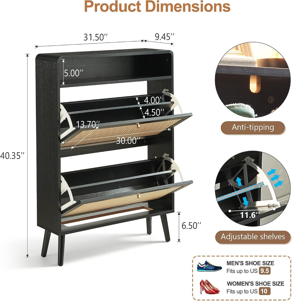 Rattan Shoe Cabinet with 2 Flip Drawers, 16 Pairs Narrow Shoe Storage Cabinet...
