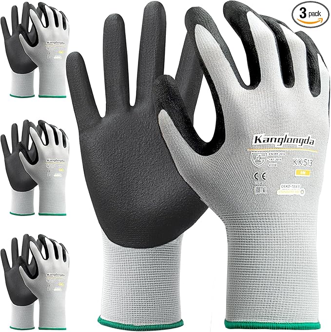 3-Paris Medium Work Gloves for Men and Women, Nitrile Coated Safety Protective by KEBADA