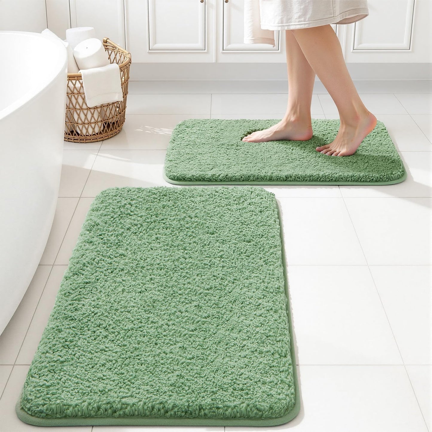 MIULEE Sage Green Bathroom Rugs Set 2 Piece, Soft Absorbent Microfiber Bath Mat Set, Non Slip Quick Dry Machine Washable Plush Shaggy Bath Rugs for Bathroom Floor, Tub and Shower, 16x24 inches