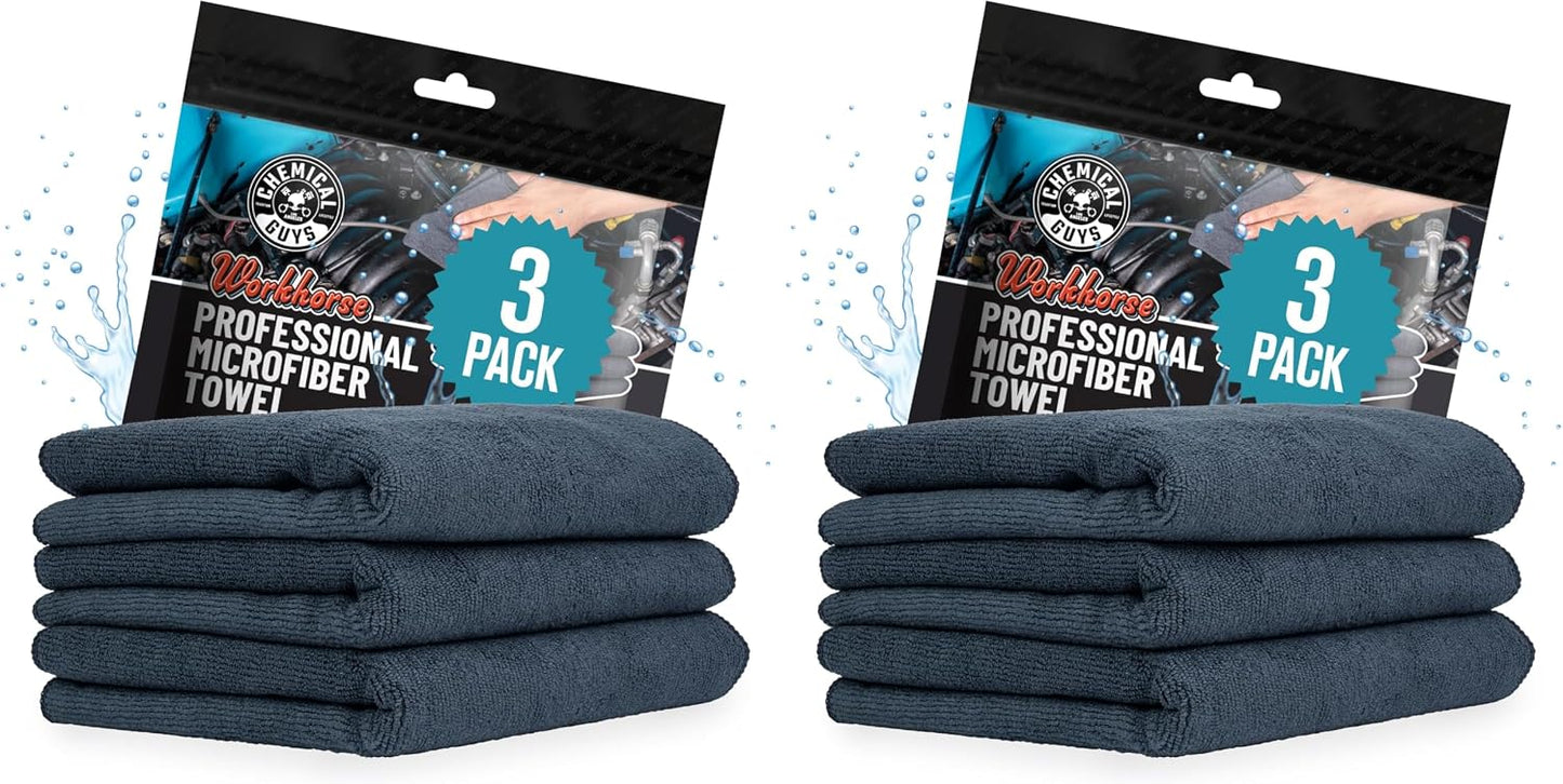 Chemical Guys Workhorse Professional Grade Microfiber Towels for Cars - Black 16x16 Inch Microfiber Cleaning Cloths for Home & Pet Drying, Soft & Scratch-Free, Drying & Cleaning, 3 Count (Pack of 2)