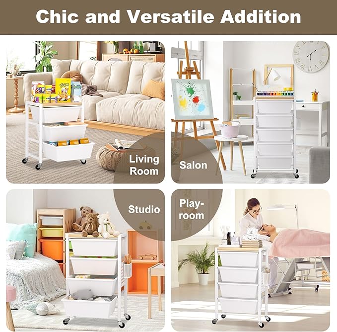 Rolling Cart with Drawers, Rolling Storage Cart with 4 Large Plastic Drawers & - Image 8