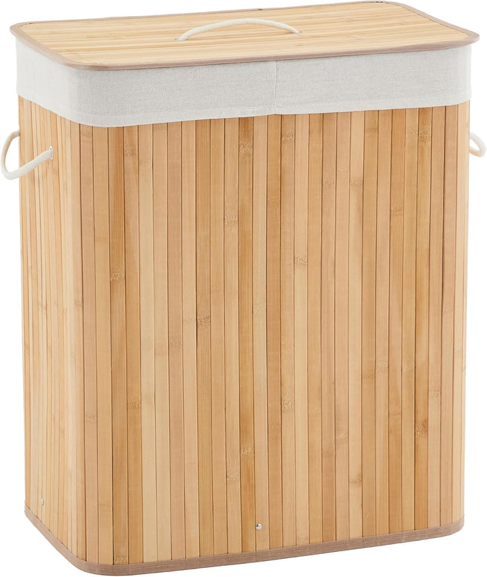 Slim Bamboo Laundry Hamper with Lid, 106L Large Collapsible Wooden Clothes Basket with Washable Removable Liner, Space-Saving Storage, Ideal for Bedroom, Apartment, Dorm, Natural