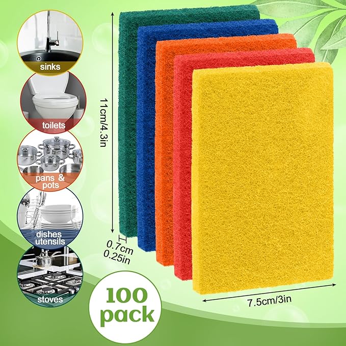 Hoolerry 100 Pcs Heavy Duty Scouring Pads Non Scratch Household Scrub Pads - Image 2