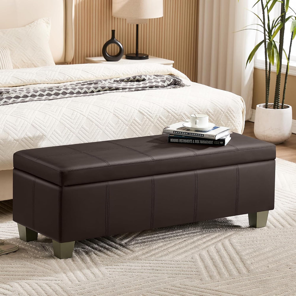51" Faux Leather Storage Ottoman, Stitch Tufted Rectangle Upholstered En...