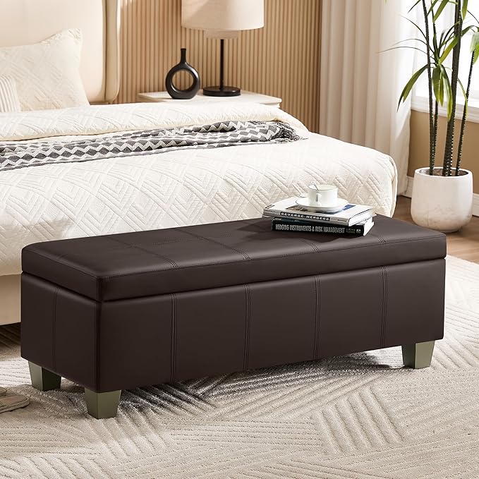 51" Faux Leather Storage Ottoman, Stitch Tufted Rectangle Upholstered End of by WUTUTUEE