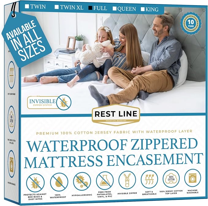 Full/Double 54x75” Premium Waterproof Zippered Mattress Encasement, 100% Cotton by RestLine