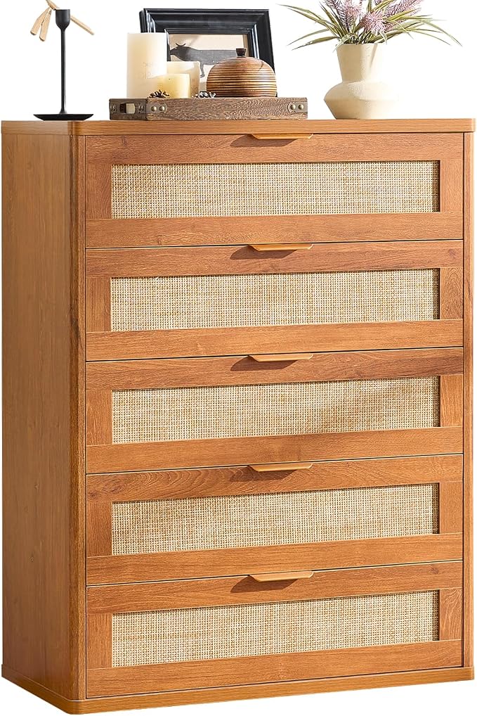 LEYAOYAO Dresser for Bedroom, Modern 5 Drawers Boho Rattan Dressers by LEYAOYAO-Findtheshiningpointofyourideallife%EF%BC%81