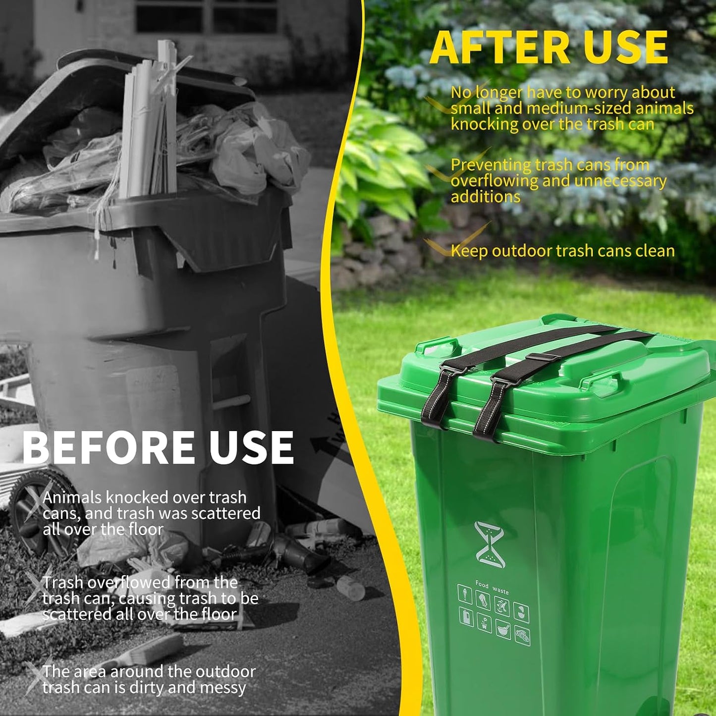 Trash Can Lock for Animals with Reflective Handle, Raccoon Proof Trash Can Lock with Adjustable Dual Paws for Securing Trash Can Lids from Small Animals/Strong Winds and Avoiding Dirty Hands -2pcs