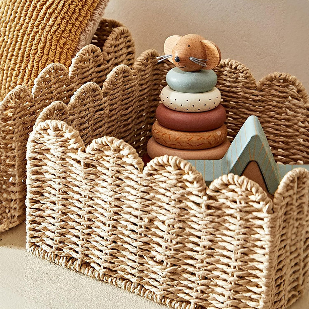 Scalloped Basket, Wicker Baskets for Storage, Hand Woven shelf Baskets, Seagr...