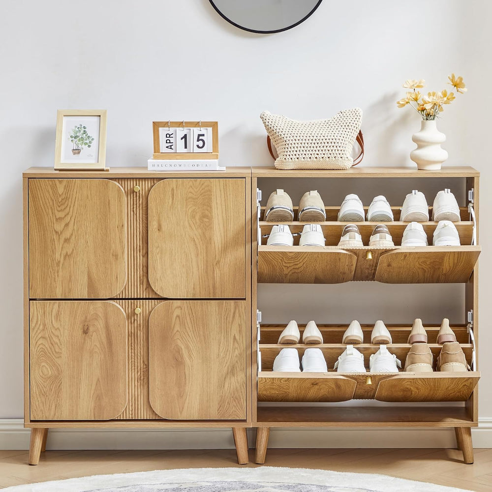 BERRYMERRY Natural Shoe Cabinet with 2 Flip Drawers Fluted Recessed