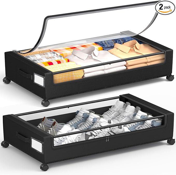 Under Bed Storage With Wheels, 2 Pack Square Containers, 60L Bins, Rolling by YEEBONIX-UnderBedStorage