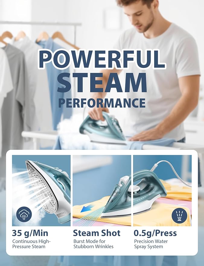 Sundu 1500W Steam Iron for Clothes, Ceramic Nonstick Soleplate for Fast Smooth - Image 3