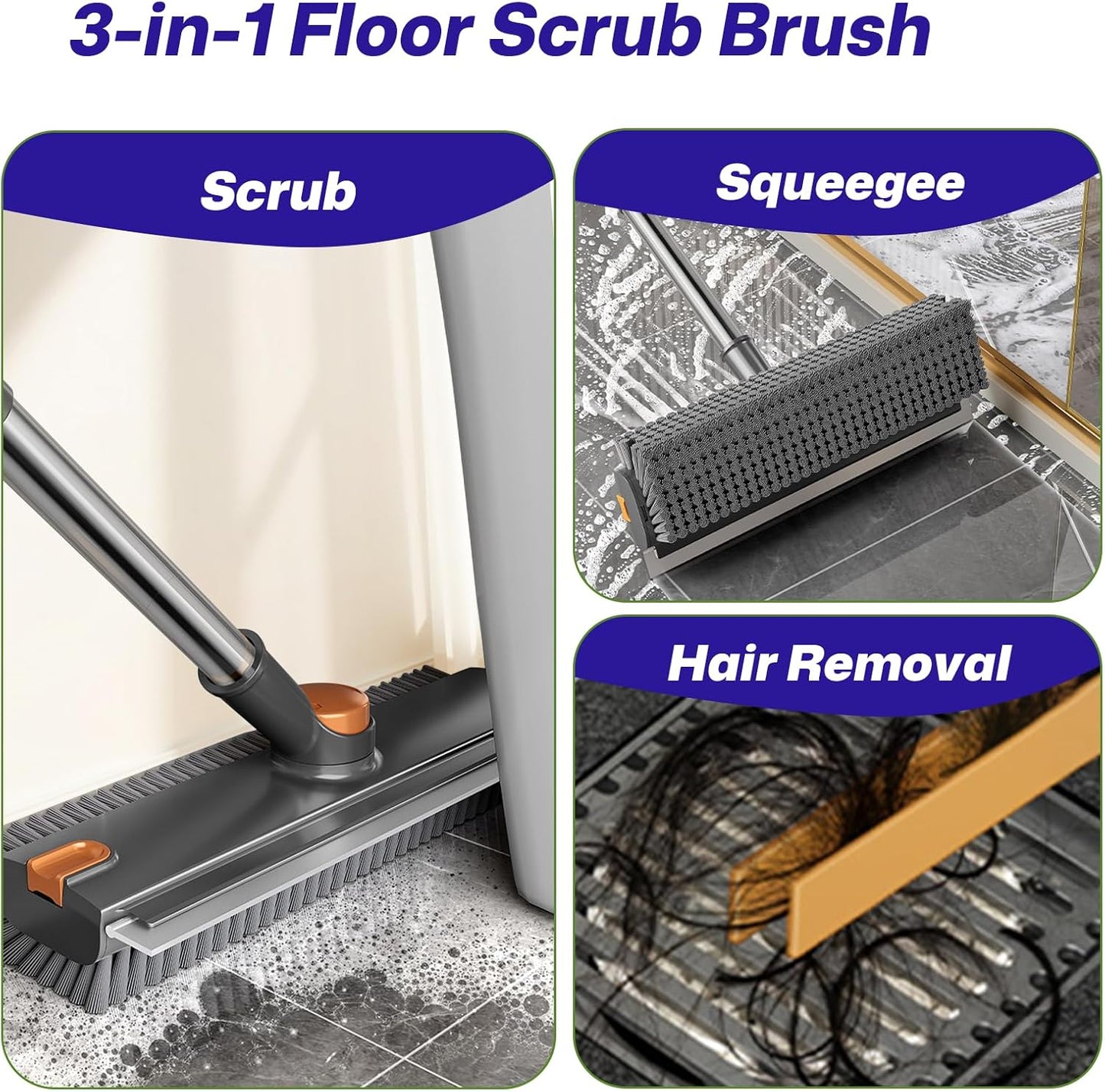3-in-1 Floor Scrub Brush with Long Handle, Scrape and Heavy-Duty Stiff Bristle Floor Scrubber Brush with Squeegee and Tweezer for Cleaning Tile Kitchen Wall Deck Bathroom Patio Garage