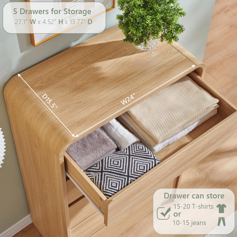 Aitjunz Modern 5 Drawers Dresser for Bedroom, 45" Tall Dresser, Natural Oak