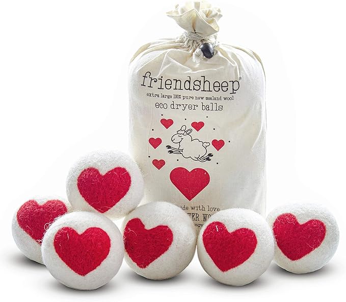 Friendsheep Wool Dryer Balls Red Heart 6 Pack XL Organic Premium Reusable by Friendsheep