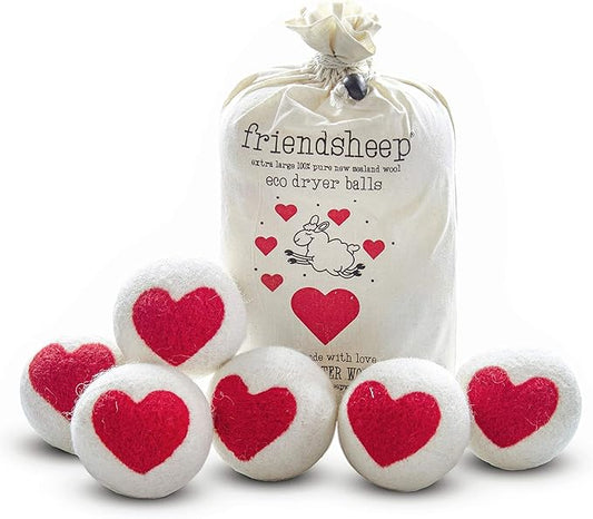 Friendsheep Wool Dryer Balls Red Heart 6 Pack XL Organic Premium Reusable by Friendsheep