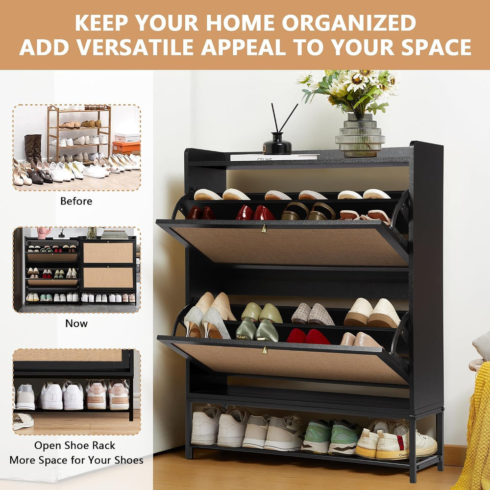 LEVNARY Shoe Storage Cabinet with 2 Flip Drawers, Wooden Narrow Shoe Cabinet ...