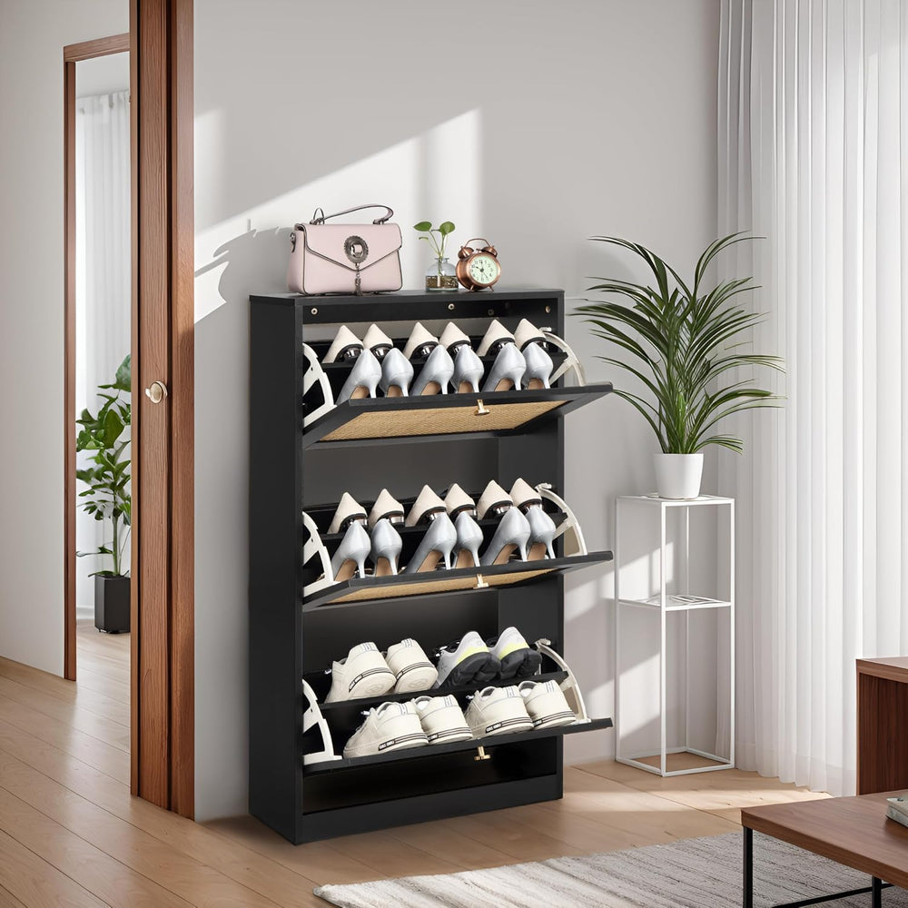 Finnhomy 3 Tier Shoe Cabinet with Natural Rattan Flip Drawers for Entryway, F...