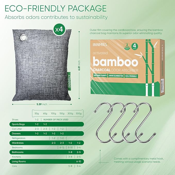 Activated Charcoal Odor Absorber, Large 4x200g w Hooks Nature Odor Eliminator - Image 9