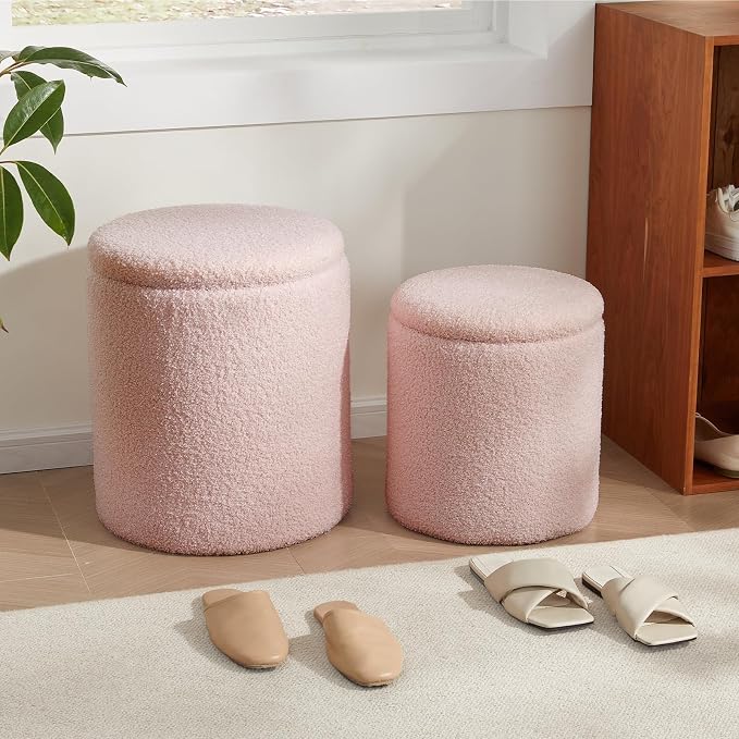 Boucle Round Ottoman with Storage Set of 2, Small Foot Stool Ottoman - Image 9