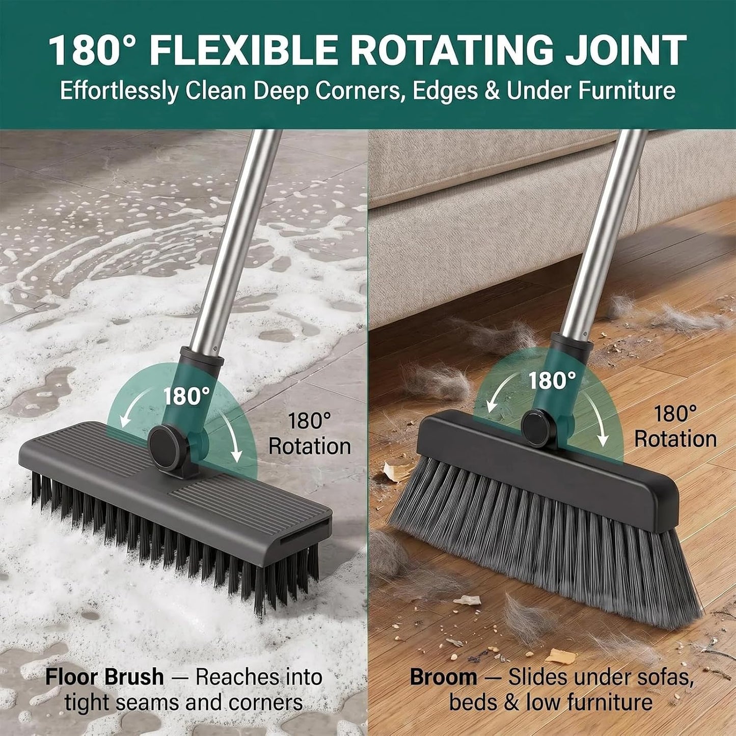 4-in-1 Broom with Dustpan Combo Set,180°Rotatable Stand-Up Broom, Detachable Floor Brush and Water Scraper, Foldable Storage for Household Cleaning and Pet Hair Removal