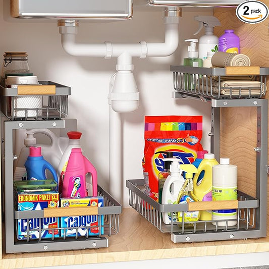 Under Sink Organizer Storage 2 Pack, 2 Tier Slide Out Height Adjustable Pull by Liuoud