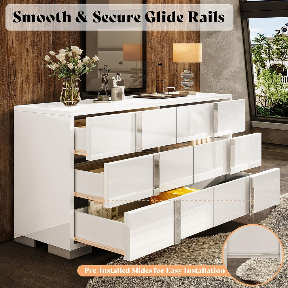AMERLIFE 6 Drawer Dresser, Modern Storage Chest, High Gloss Finish, White