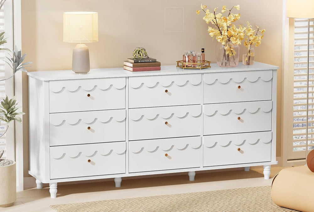 Anbuy Scalloped Dresser for Bedroom White 9 Drawer Dresser, Long Scalloped Ch...