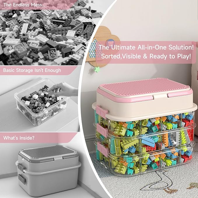 Toy Storage Organizer Box with Handle, Stackable Building Block Toy Box with - Image 4