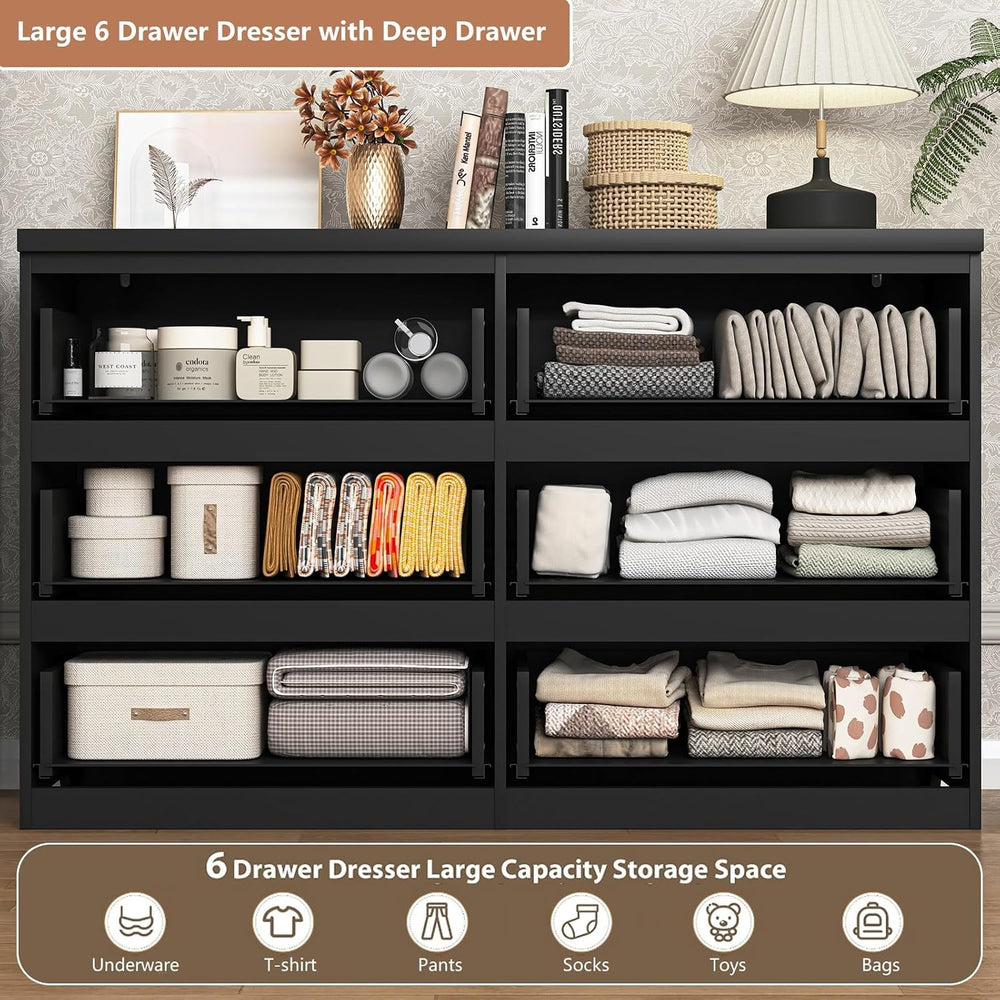 Black 6 Drawer Dresser for Bedroom,Modern Deep Drawer Dresser,Wide Long Stora...