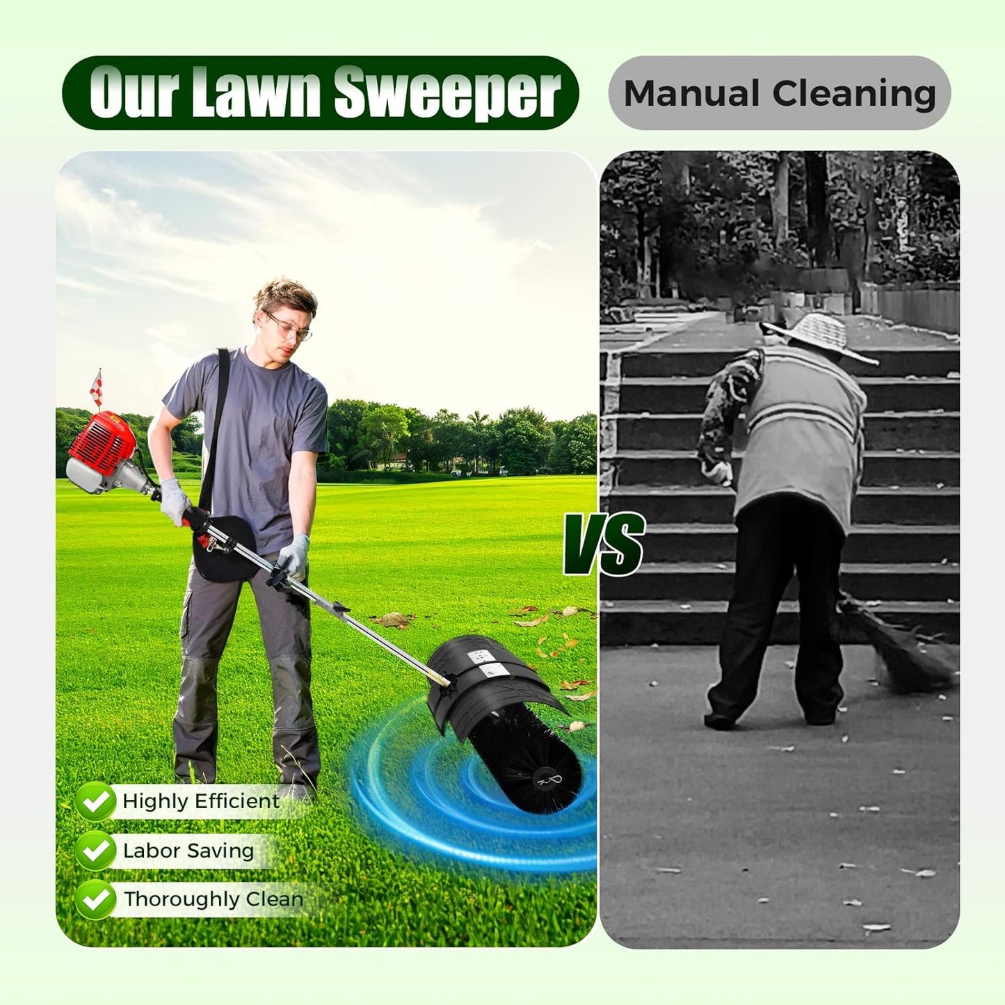 Gas Power Broom Sweeper, 52cc 2.3HP 2 Stroke Handheld Power Broom Artificial Grass Brush Gasoline Lawn Sweeper for Cleaning Driveway Turf Lawns Artificial Grass