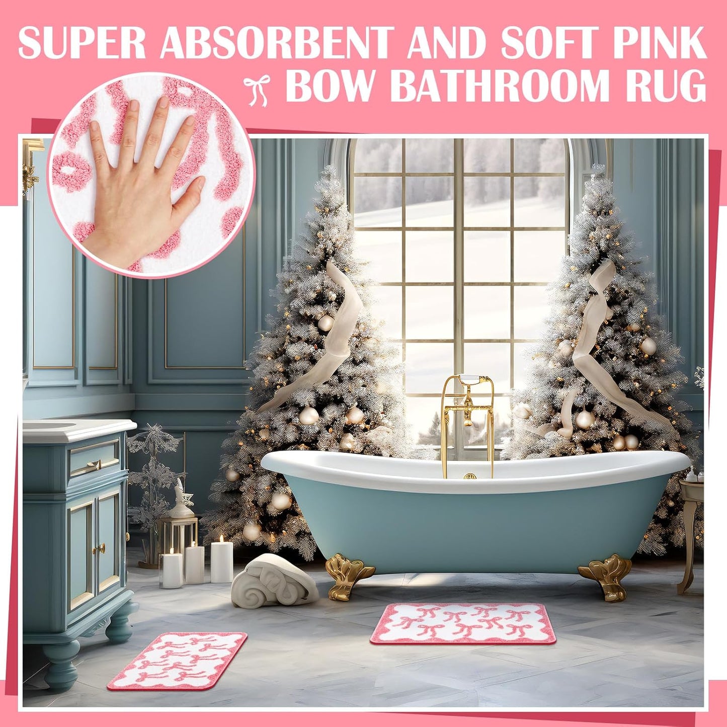 Nuanchu 3 Pcs Pink Bow Bathroom Rugs Set, Cute Bow Bath Mat Soft Non Slip Absorbent Coquette Bathroom Decor, Washable Bath Mat, U Shaped Toilet Rug for Bedroom, Living Home 31.5x20/ 24x22/ 24x17 Inch