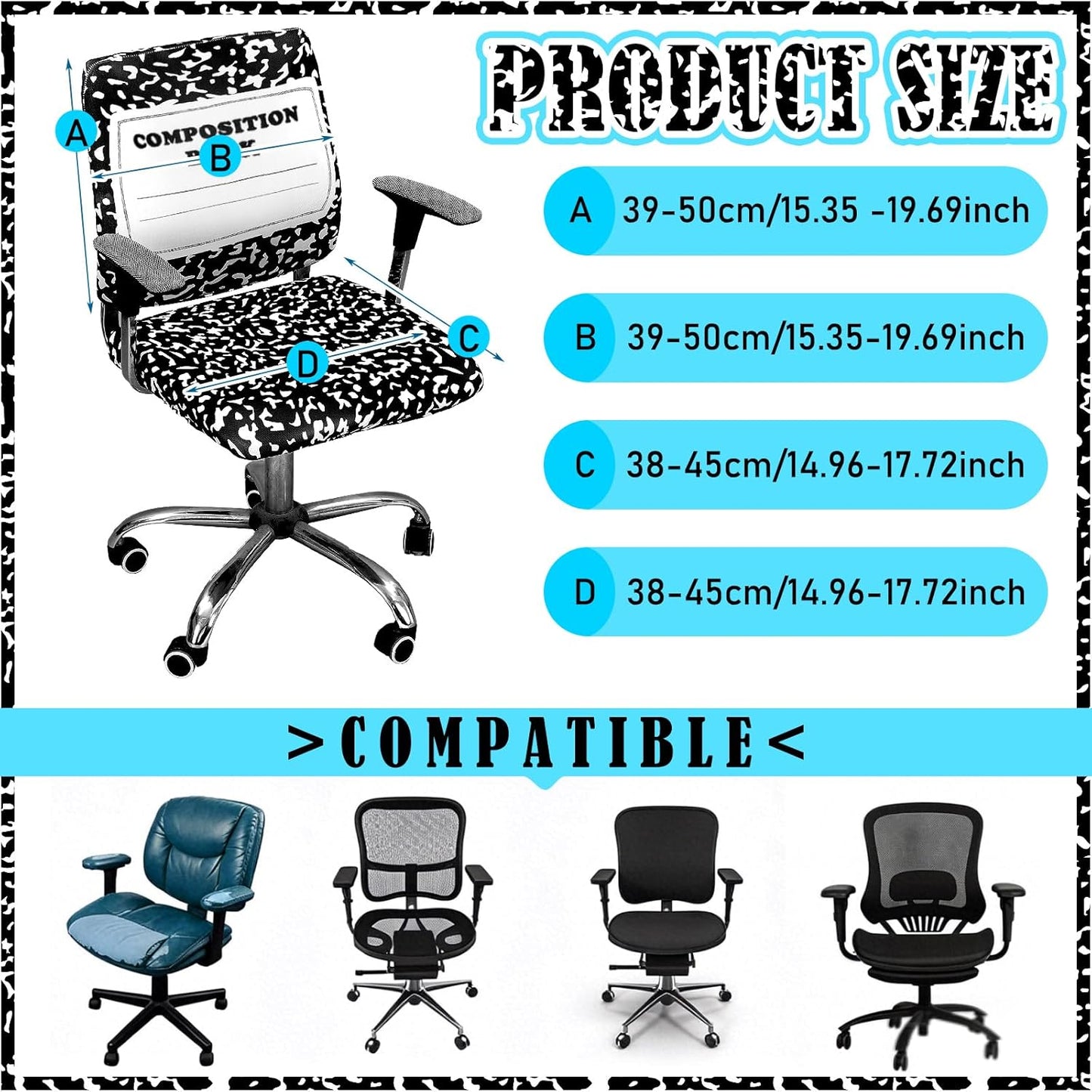 Chumia Composition Notebook Classroom Decor Teacher Office Chair Slipcover Teacher Black and White Composition Cover for Office Classroom Chair Protective Stretch Decorative Fabric Cover Standard Size