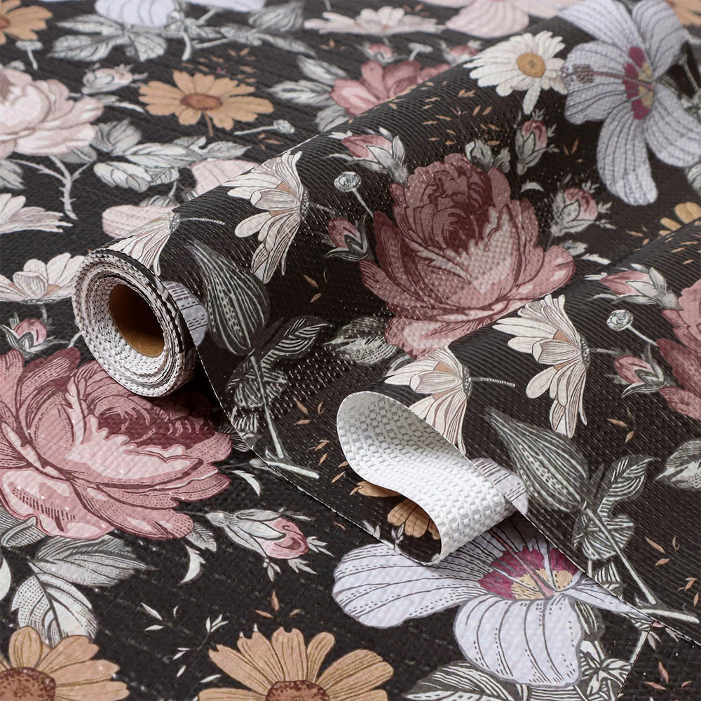 Black Retro Floral Shelf Drawer Liner for Kitchen 24IN x 10FT
